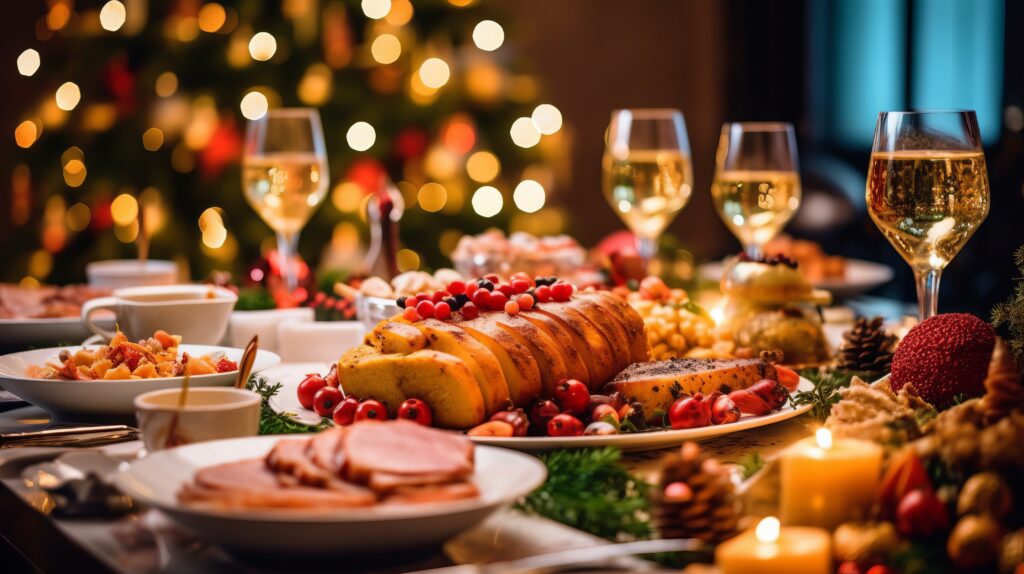 Close up, Festmahl zu Weihnachten, Weihnachtsbaum mit Lichtern im Hintergrund