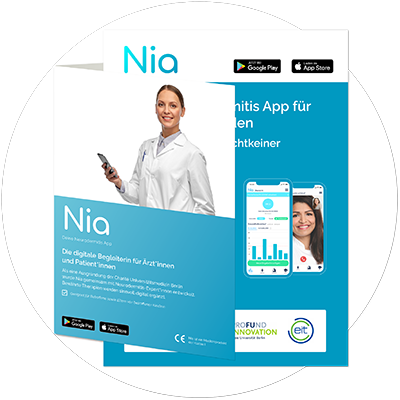 Broschüre von Nia, der Neurodermitis App, mit Informationen als digitaler Begleiter für Ärzte und Patienten