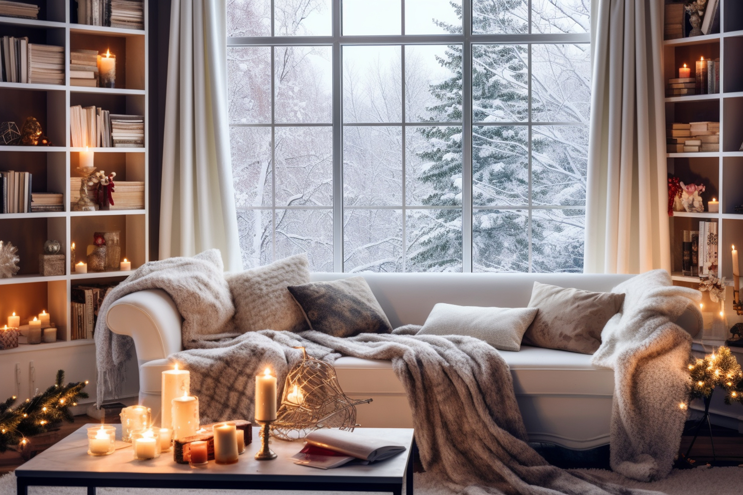 Wohnzimmer mit großen Fenster, Aussicht nach draußen, Winter und Schnee, gemütliche Atmosphäre mit vielen Kerzen und warmen Erdtönen