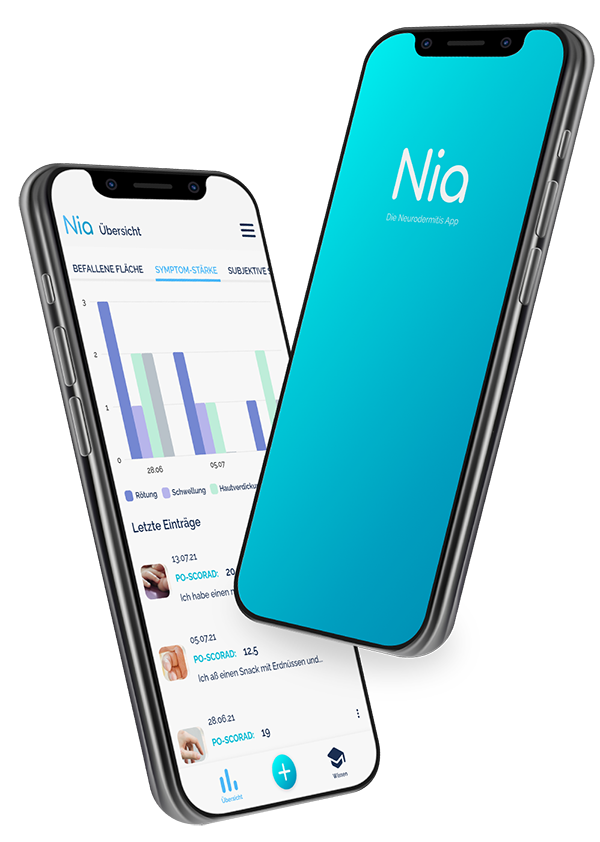 Zwei Smartphones, die die Nia App geöffnet haben